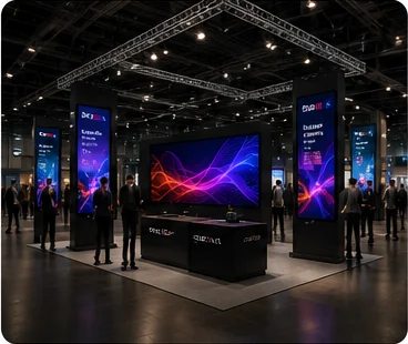 Touchscreen at an exhibition booth showing live results
